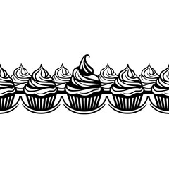 Black & White Cupcake Border Illustration: Design Element for Food & Dessert