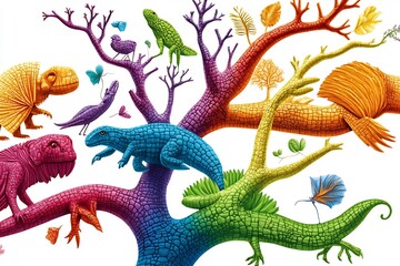 detailed phylogenetic diagram, vibrant colors representing species, clean and organized, white