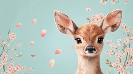 Whimsical Spring Deer Portrait in a Floral Woodland Setting - Enchanting Wildlife Digital Art in Pastel Colors