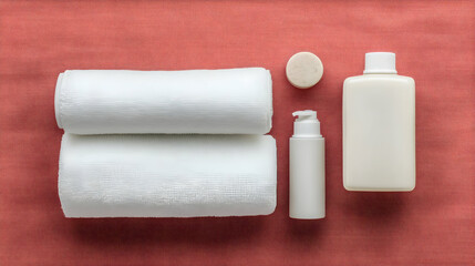 Fototapeta premium White Towels And Spa Products On Red Background