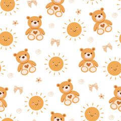 Vector baby seamless pattern for textile, print, clothing, texture design with cartoon sun, fluffy bear, decorative bow, flower and doodle elements isolated on white background.
