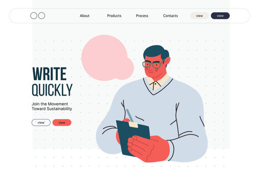 Writing people, modern flat vector concept illustration- standing man thoughtfully writing on clipboard, bubble near head Metaphor for reflection, personal insight, contemplation, creative expression