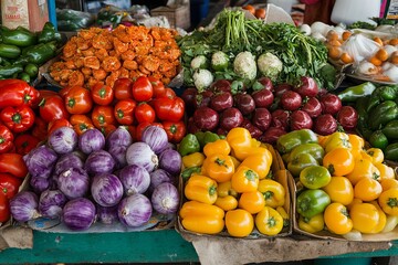 Display of fresh produce at a market with tomatoes peppers eggplants and herbs in abundance and color