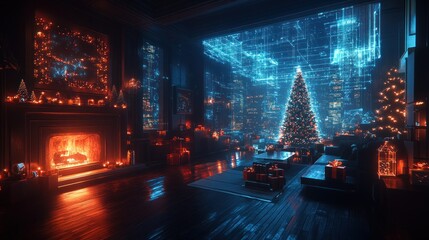 Luxurious Christmas living room with futuristic projections. A cozy, modern holiday scene