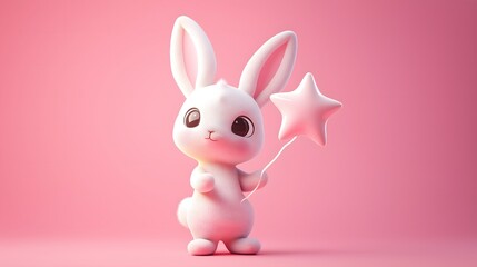 Whimsical 3D Cartoon Bunny: Cute and Fluffy Pink Rabbit with Balloons in a Magical Fantasy World for Kids Celebration