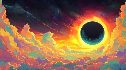 Vibrant Cosmic Sunset: Ethereal Digital Art Featuring Serene Sky and Mystical Clouds