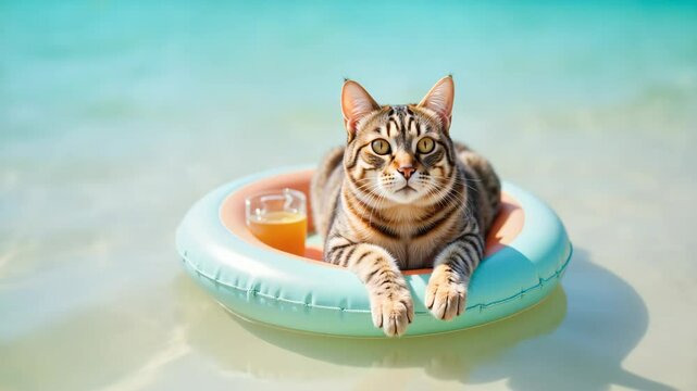 Cat lounging in a pool float with a drink against a tropical backdrop  