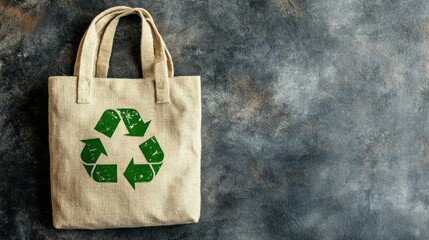 Beige tote bag with green recycle symbol against a mottled gray backdrop