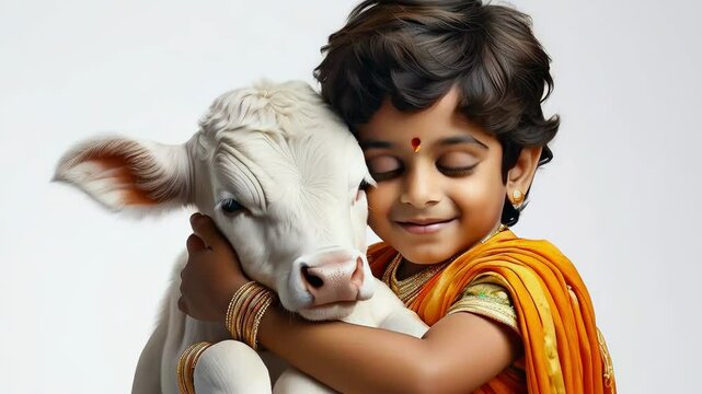 Tender Embrace of Krishna: Boy dressed as Lord Krishna in traditional Indian attire tenderly hugging a calf, love, beauty and serenity
