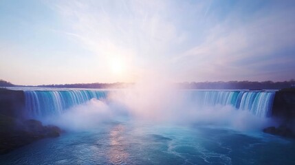 Fototapeta premium Majestic waterfall cascading into a mist-filled river at early dawn