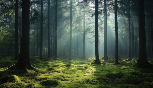 Sunbeams pierce a misty, moss-covered forest path - Powered by Adobe
