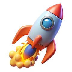 A cartoon rocket ship with orange fins and a red nose taking off with flames on a white background