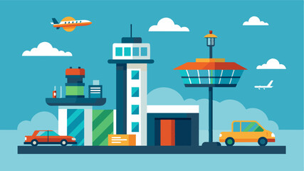 Fototapeta premium The parking towers also feature amenities for the air taxi drivers such as rest lounges and food courts.. Vector illustration