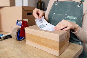 E-commerce concept. Woman online store owner sticking barcode label on package cardboard box, preparing order for shipping © Home-stock