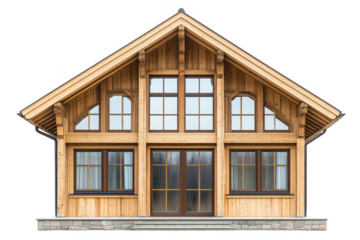 Beautiful Wooden House Facade with Symmetrical Windows isolated on a transparent background