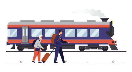 Train conductor assisting elderly passenger with luggage