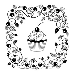 Whimsical Black & White Cupcake with Floral Frame