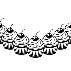 Black and White Cupcake Border with Cherry, Minimalist Bakery Design