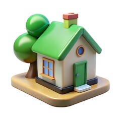 A cartoon house with a green roof and a tree next to it on a tan platform in a digital rendering