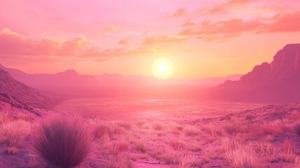 Cotton candy skies over mystical pink landscape with sun setting