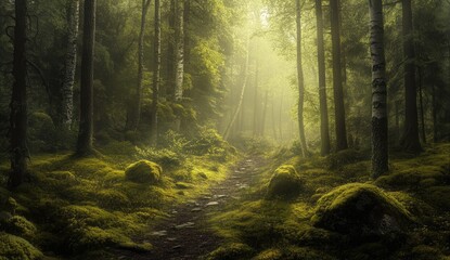Obraz premium Sunlit path winds through mossy, misty forest