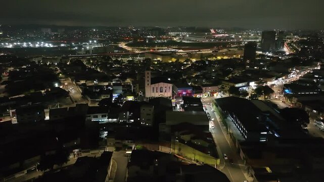 Itaquera neighborhood in S&atilde;o Paulo at night. Aerial view.