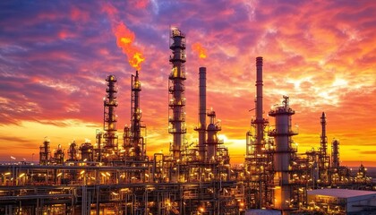 oil refinery and plant and tower column of Petrochemistry industry in oil and gas industrial with cloud orange sky the sunrise background