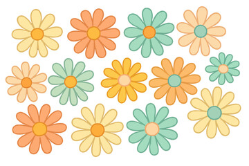 The set features a 60s and 70s icon flower with pastel colors, creating a kids' cute decor in a flat cartoon illustration style