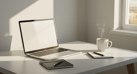 Fototapeta premium Minimalist workspace with coffee and laptop in natural light