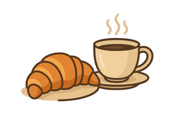 A cozy breakfast setup featuring a tasty croissant and a hot cup of coffee, depicted in a simple flat design style using vector art
