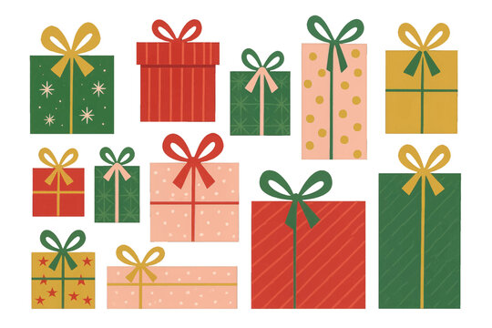 A modern mid-century clip art collection of Christmas present boxes in multiple colors, including red, green, pink, and gold, set against a plain white background in a vector format