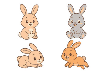 Fototapeta premium Four cartoon rabbits of different colors and in various poses are isolated on a white backdrop