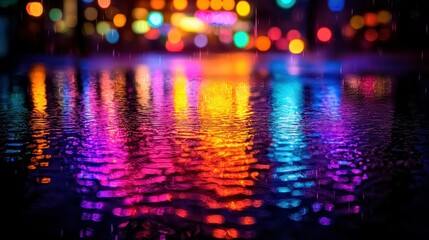 Naklejka premium City lights reflect on wet pavement, blurring into vibrant bokeh at night