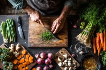 Top-down view of a chef meticulously cutting herbs surrounded by fresh ingredients.