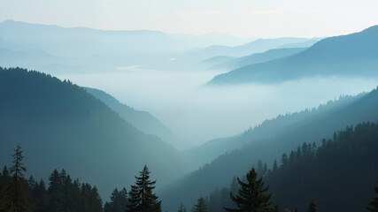 Dense fog rolling through a valley