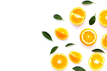 Fresh orange fruit with green leaves, high vitamin c