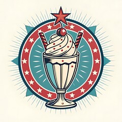 A stylized illustration of a sundae with a star and cherry in a patriotic color scheme design