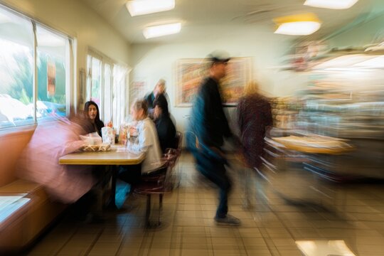 Blurred motion captures the lively ambiance of a bustling diner during the lunch rush.