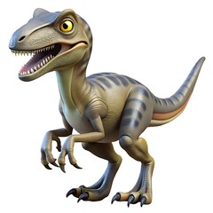 Obraz premium A cartoonish dinosaur with yellow eyes and sharp teeth standing on a white background looking fierce