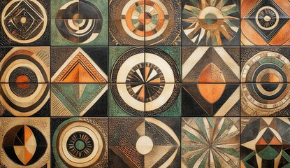 Geometric tile wall art with earthy tones and mid-century modern designs