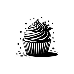 Black & White Cupcake Illustration with Stars