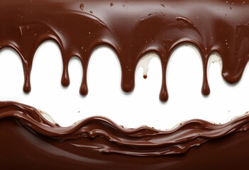 A captivating image of a row of chocolate flowing down a white wall. Perfect for food-related projects or advertisements,Isolated Chocolate Drip,melted chocolate dripping isolated on white background 