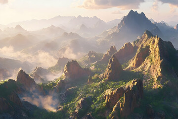 Misty mountain range at dawn, bathed in golden light.
