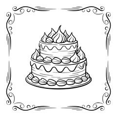 Elegant Black and White Cake Illustration with Ornate Frame