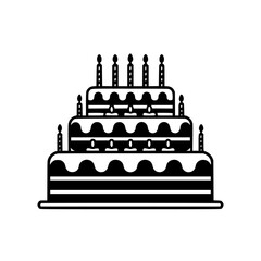 Black and White Tiered Birthday Cake Icon, Vector Illustration