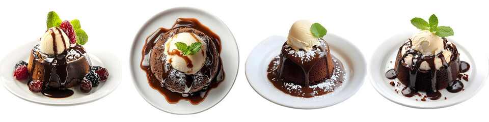 Delicious Chocolate Lava Cake with Ice Cream and Berries – Dessert Food Asset – Isolated on Transparent Background