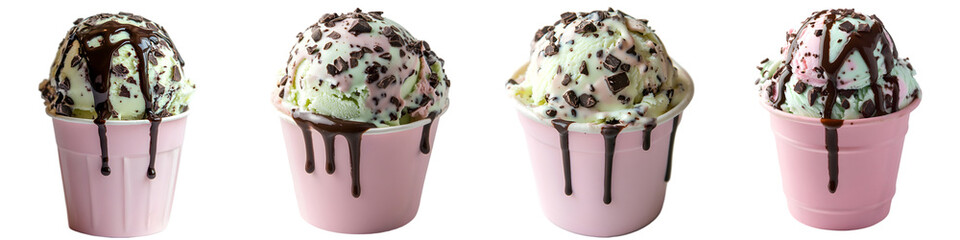 Mint Chocolate Chip Ice Cream in Pink Cup – Dripping Chocolate Topping – Isolated on Transparent Background
