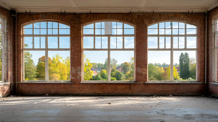 Fototapeta premium Empty Abandoned Room With Brick Walls And Large Windows Showing Autumn Trees