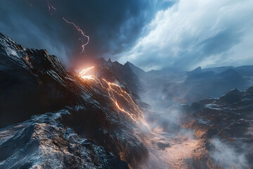 Naklejka premium Dramatic mountain range illuminated by a powerful lightning storm.