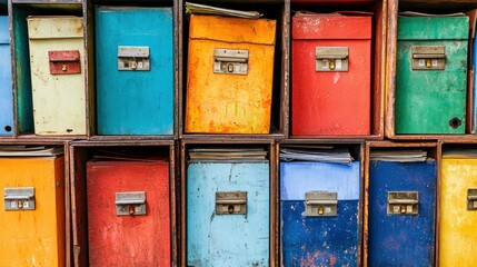 Colorful, stacked mailboxes, some contain mail. Varied hues, worn